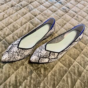 Rothy's Black & White Python Pointed Flats with Blue Trim